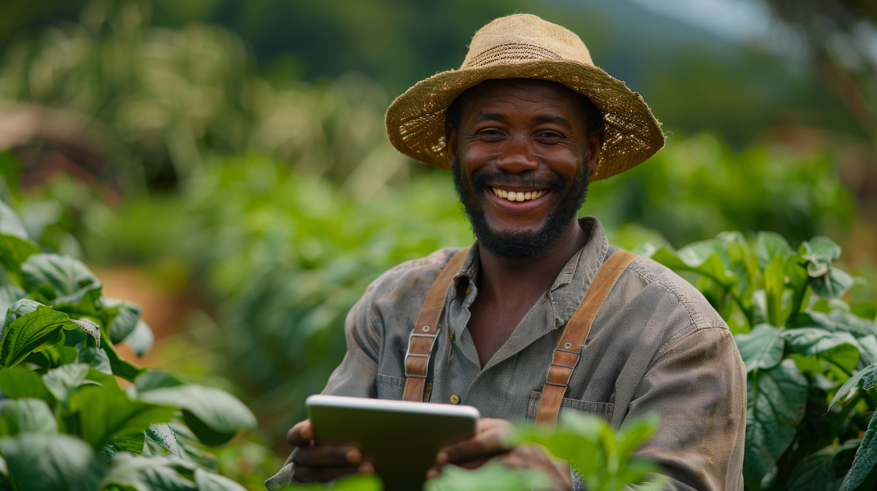 Kenyan farmer holding a tablet in a green field
